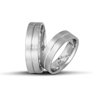 Βέρες γάμου λευκόχρυσες 6 mm, ματ με λουστρέ γραμμή, χειροποίητης κατασκευής.